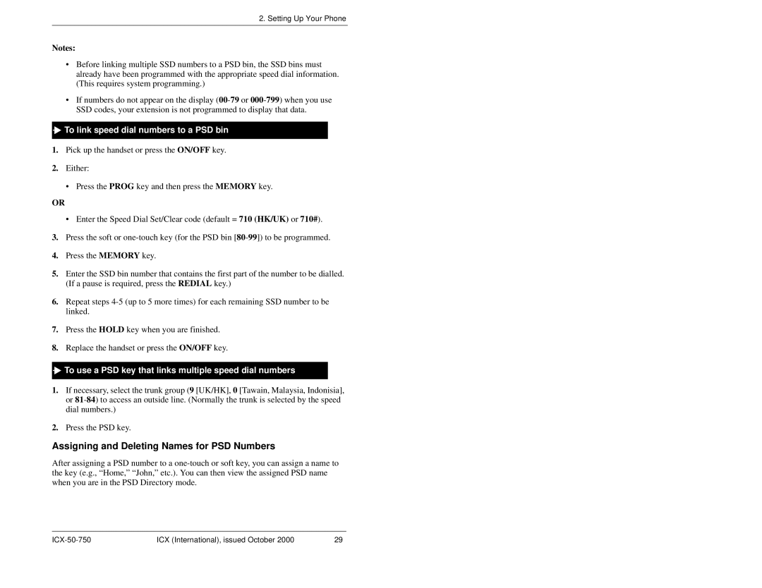 Panasonic S-ICX manual Assigning and Deleting Names for PSD Numbers, To link speed dial numbers to a PSD bin 