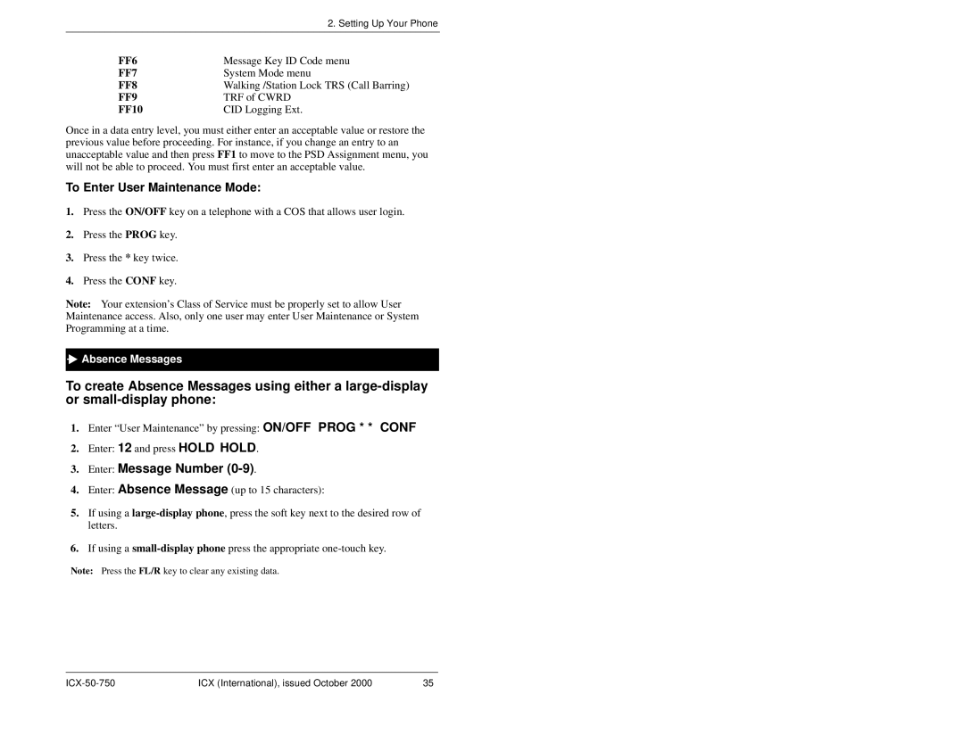 Panasonic S-ICX manual To Enter User Maintenance Mode, Absence Messages 