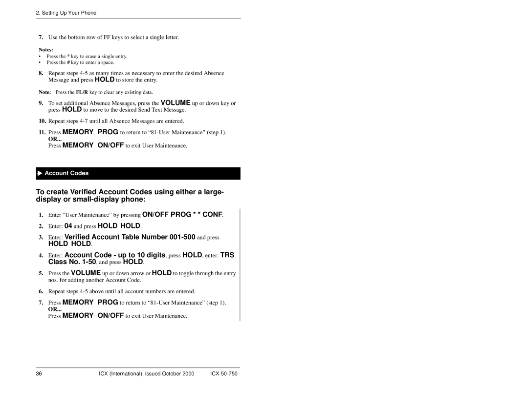 Panasonic S-ICX manual Hold Hold, Account Codes 