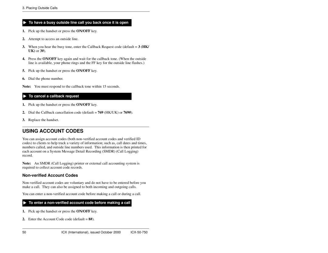 Panasonic S-ICX Using Account Codes, Non-verified Account Codes, To have a busy outside line call you back once it is open 