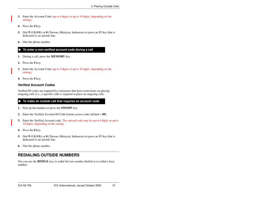 Panasonic S-ICX Redialing Outside Numbers, Verified Account Codes, To enter a non-verified account code during a call 