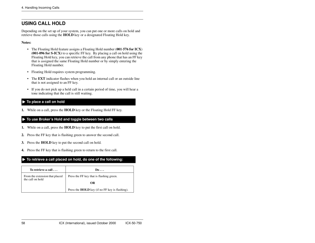 Panasonic S-ICX manual Using Call Hold, To place a call on hold, To use Broker’s Hold and toggle between two calls 