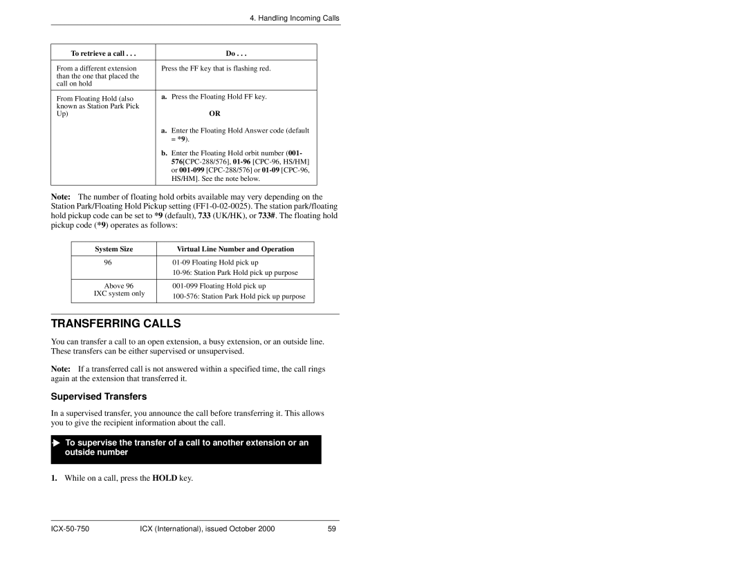 Panasonic S-ICX manual Transferring Calls, Supervised Transfers, System Size Virtual Line Number and Operation 