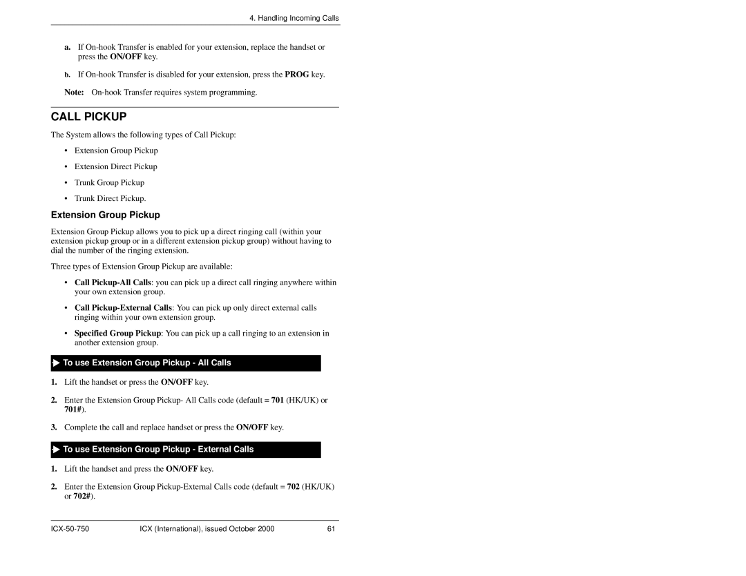 Panasonic S-ICX Call Pickup, To use Extension Group Pickup All Calls, To use Extension Group Pickup External Calls 