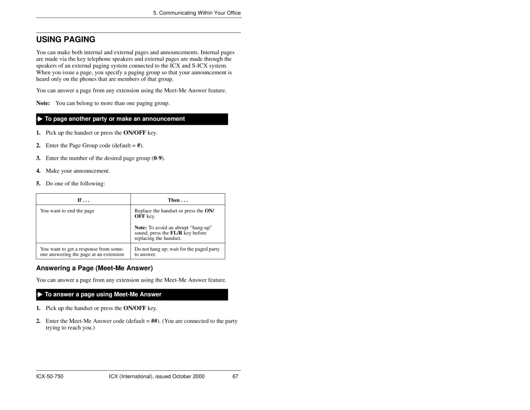 Panasonic S-ICX Using Paging, Answering a Page Meet-Me Answer, To page another party or make an announcement, OFF key 