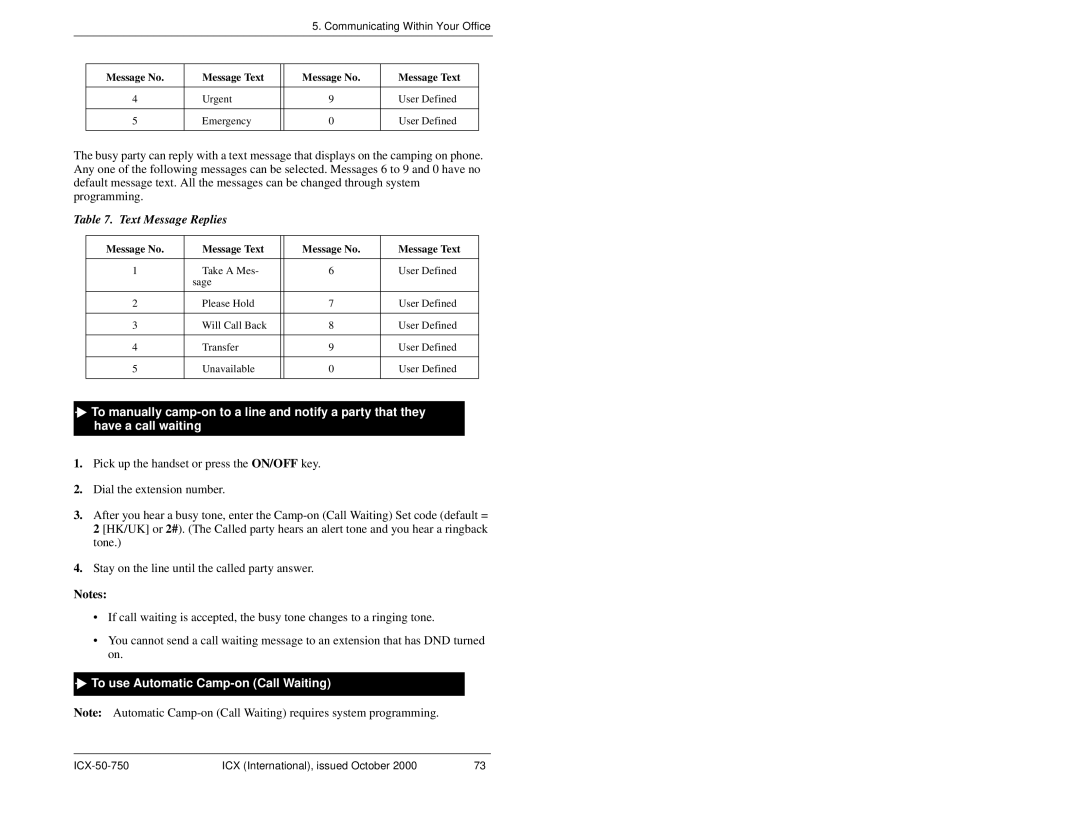 Panasonic S-ICX manual Text Message Replies, To use Automatic Camp-on Call Waiting 