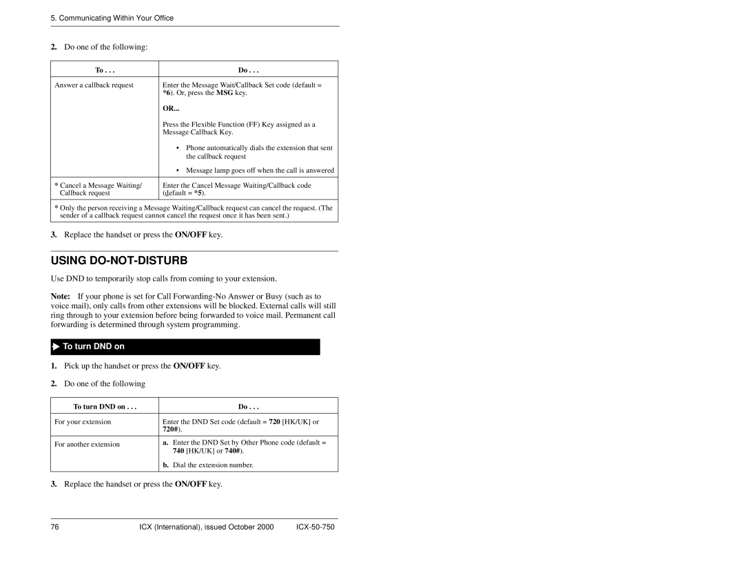 Panasonic S-ICX manual Using DO-NOT-DISTURB, To turn DND on, 720# 