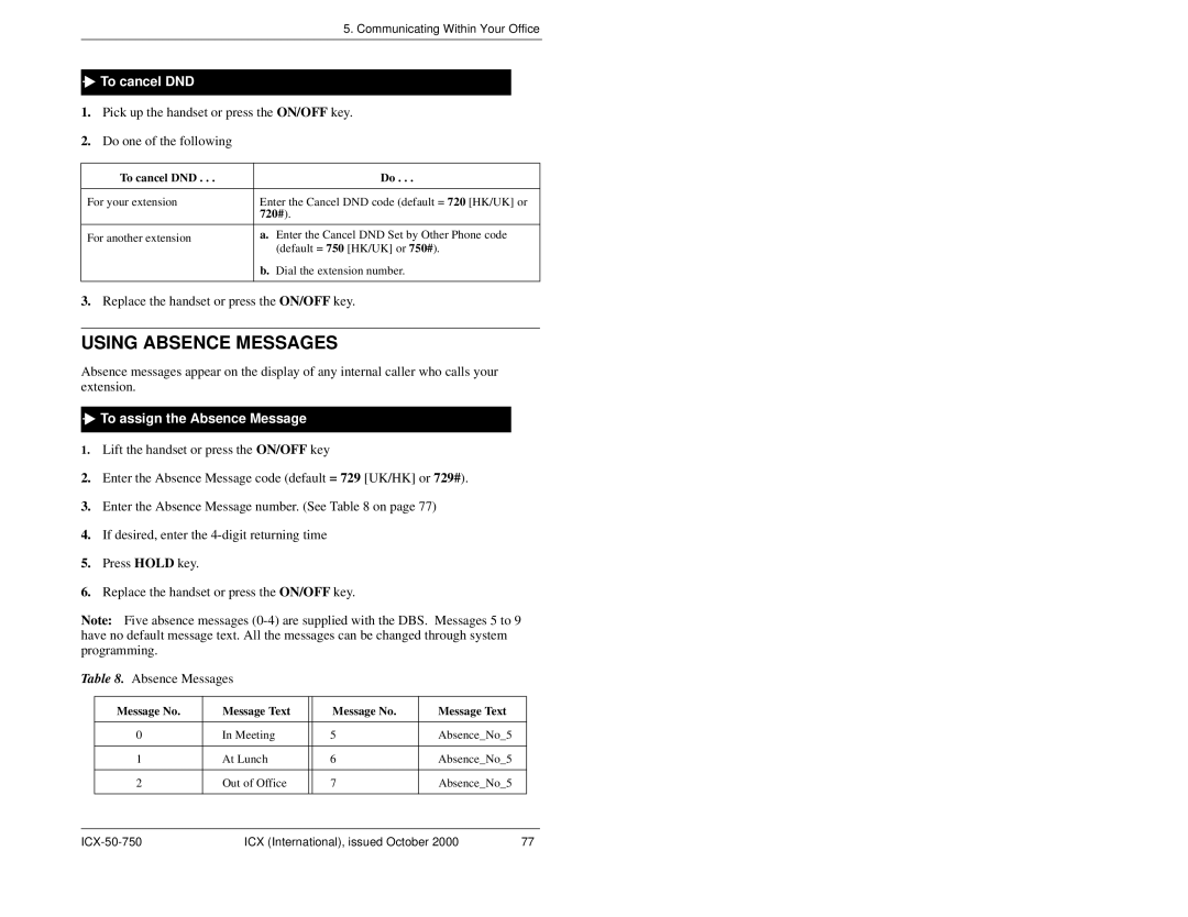 Panasonic S-ICX manual Using Absence Messages, To cancel DND, To assign the Absence Message 