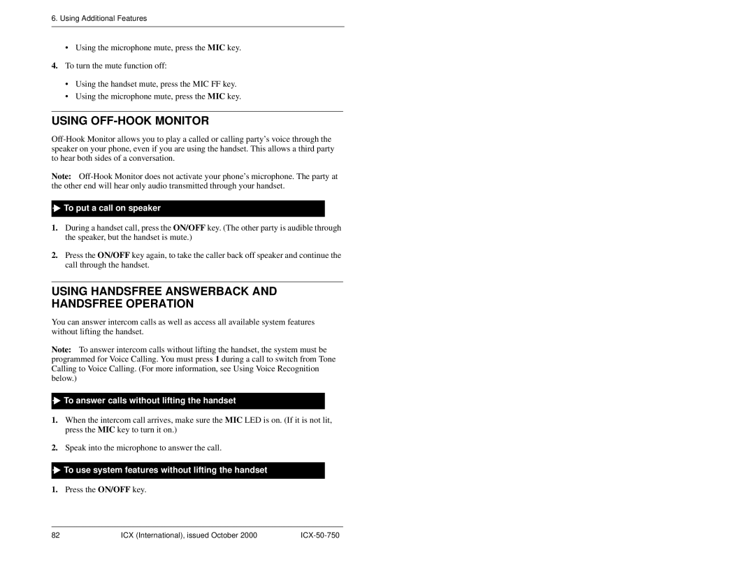 Panasonic S-ICX manual Using OFF-HOOK Monitor, Using Handsfree Answerback and Handsfree Operation, To put a call on speaker 