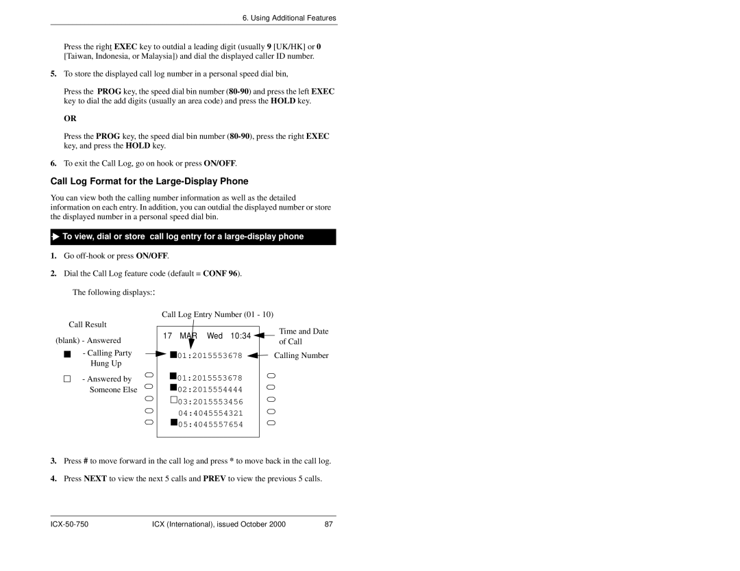 Panasonic S-ICX manual Call Log Format for the Large-Display Phone 