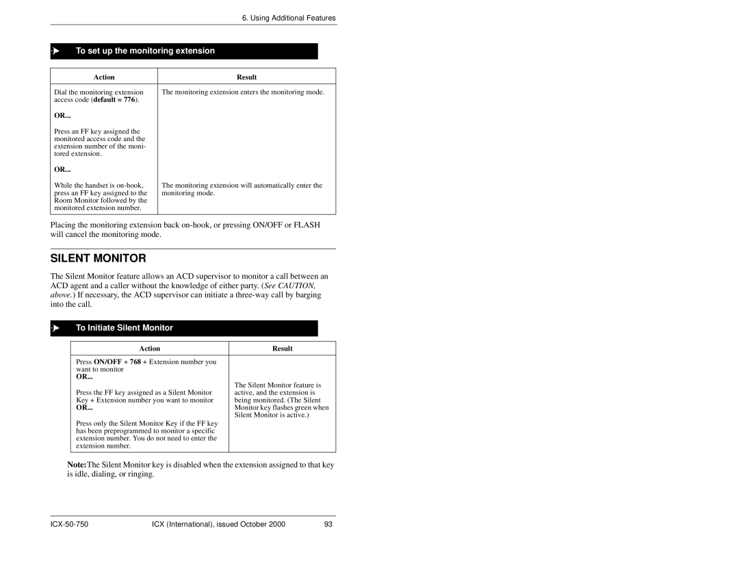 Panasonic S-ICX manual To set up the monitoring extension, To Initiate Silent Monitor 