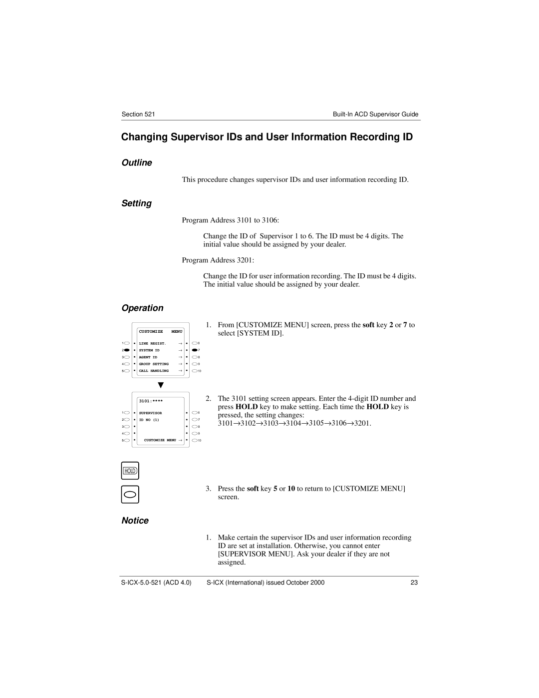 Panasonic S-ICX technical manual Changing Supervisor IDs and User Information Recording ID, Setting, 3201 