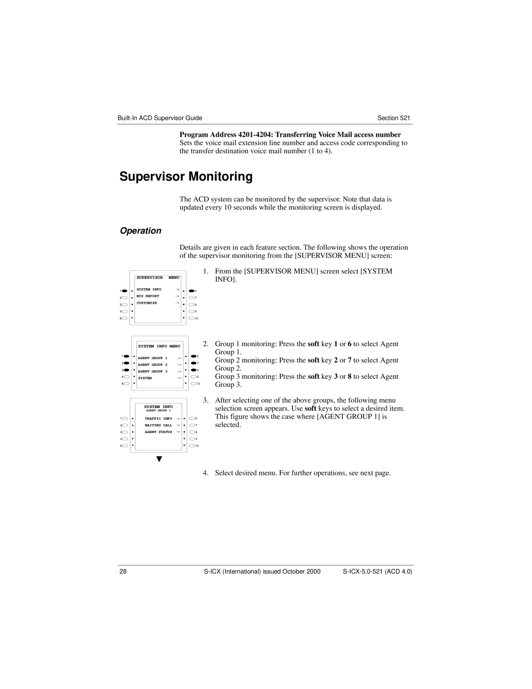 Panasonic S-ICX technical manual Supervisor Monitoring, From the Supervisor Menu screen select System 