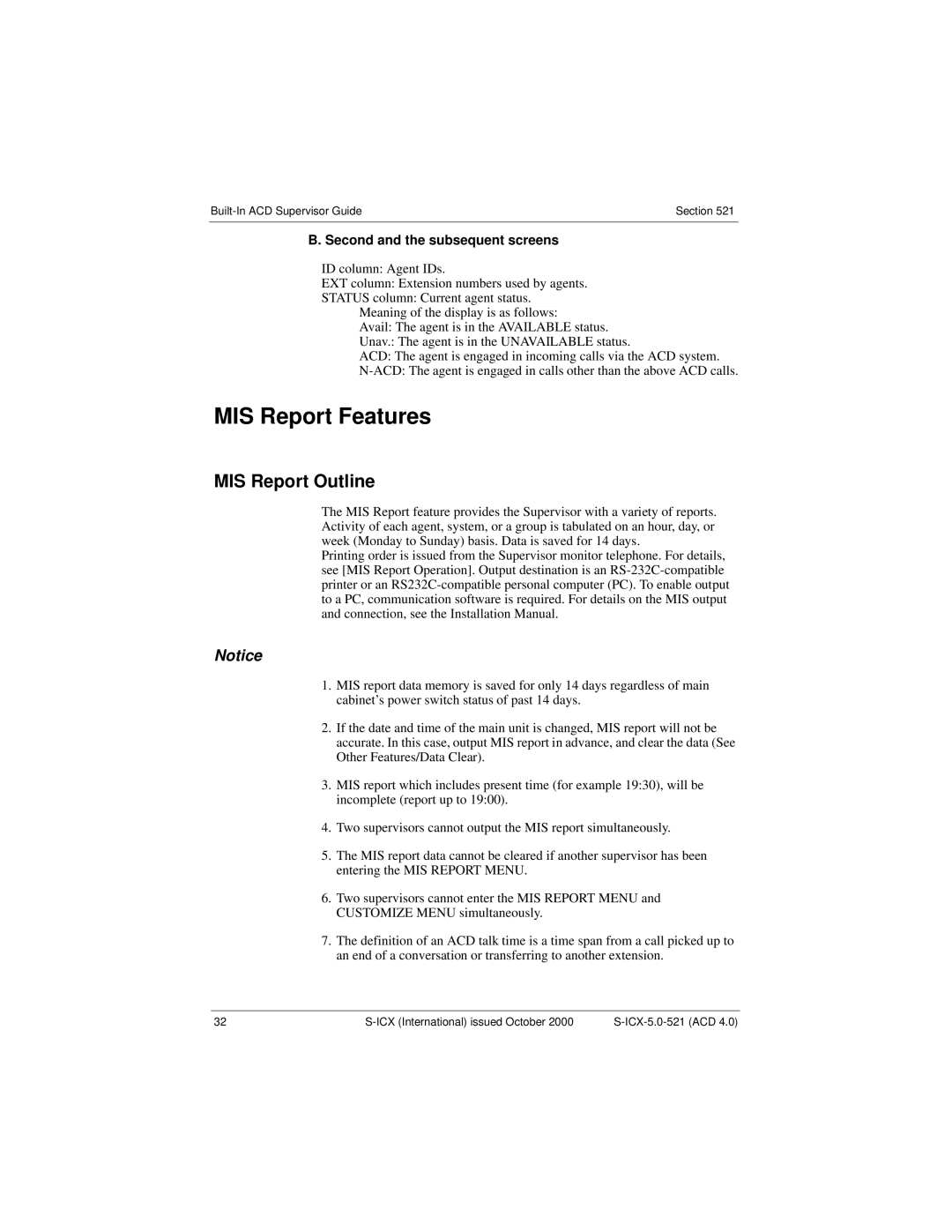 Panasonic S-ICX technical manual MIS Report Features, MIS Report Outline, Second and the subsequent screens 