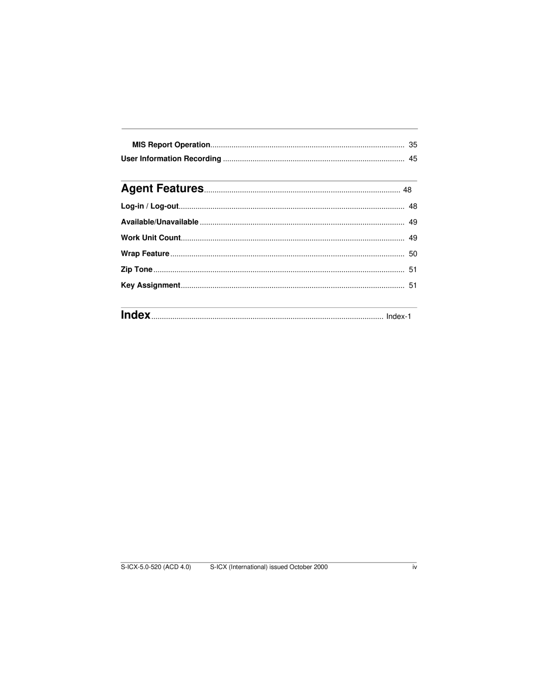 Panasonic S-ICX technical manual Agent Features, Index 