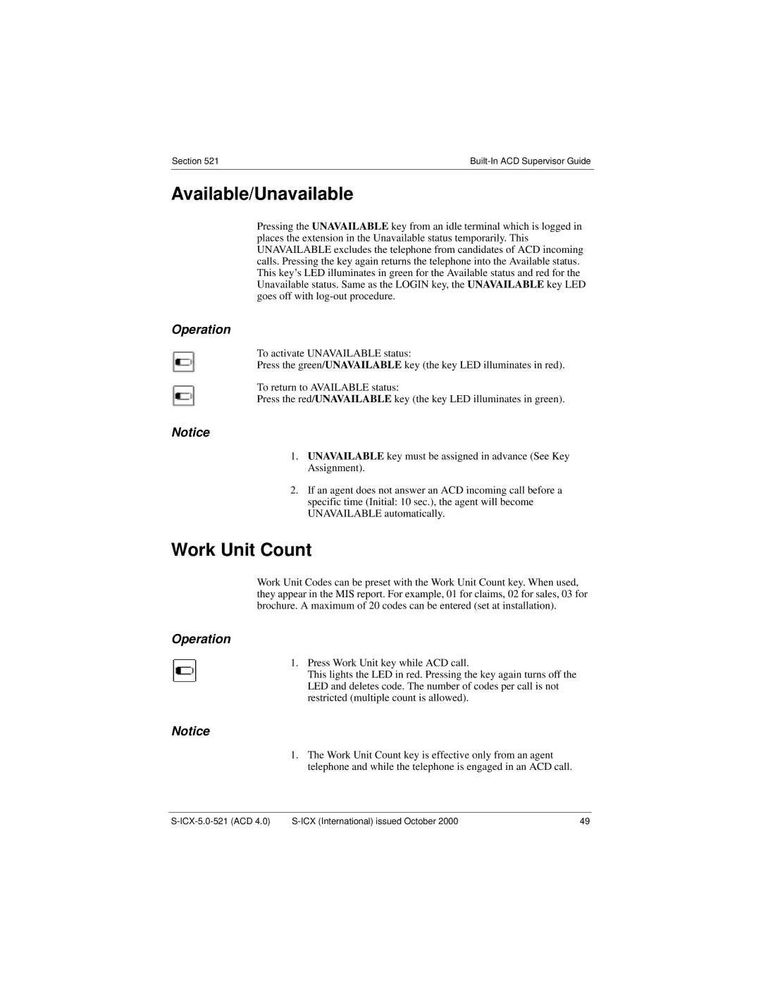 Panasonic S-ICX technical manual Available/Unavailable, Work Unit Count 