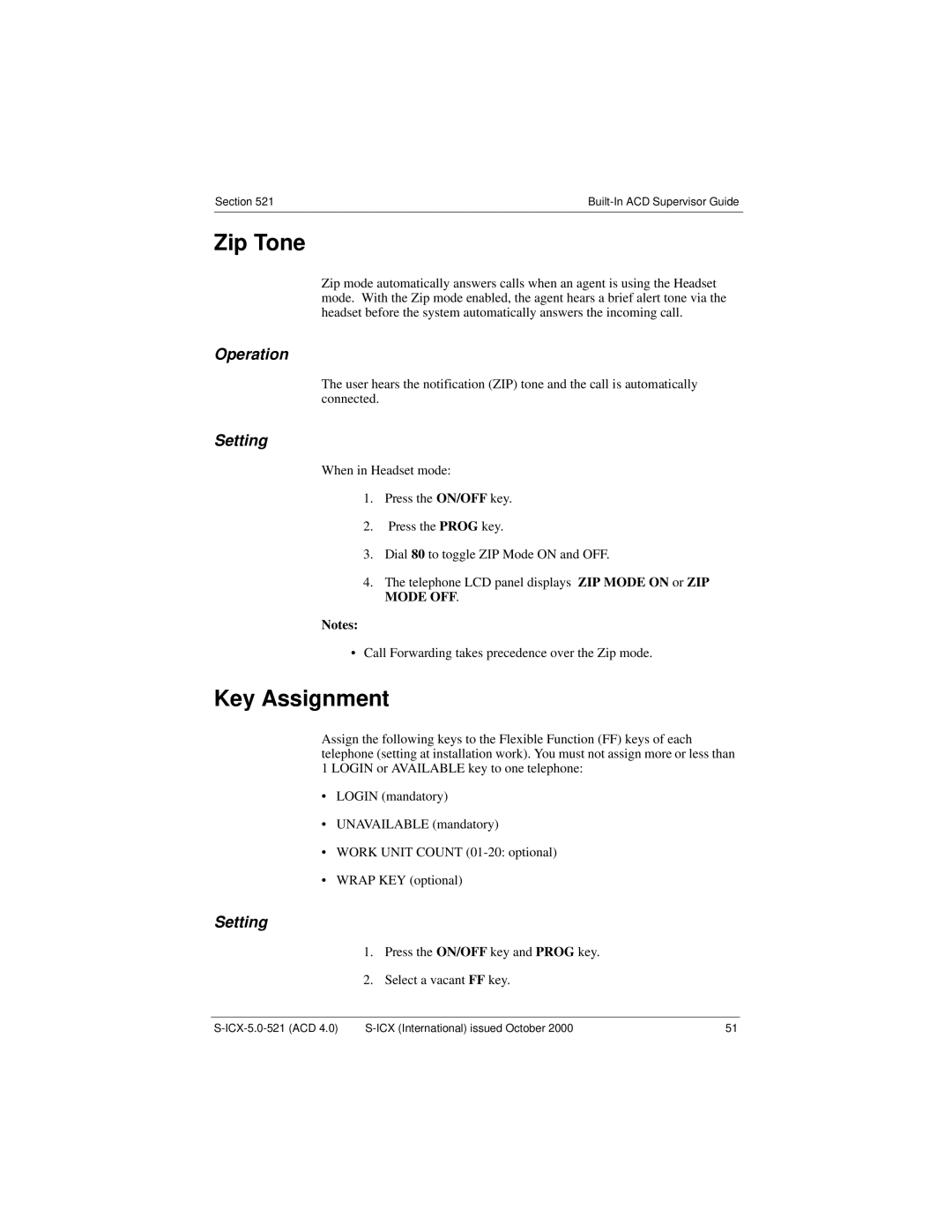 Panasonic S-ICX technical manual Zip Tone, Key Assignment, Press the ON/OFF key and Prog key Select a vacant FF key 