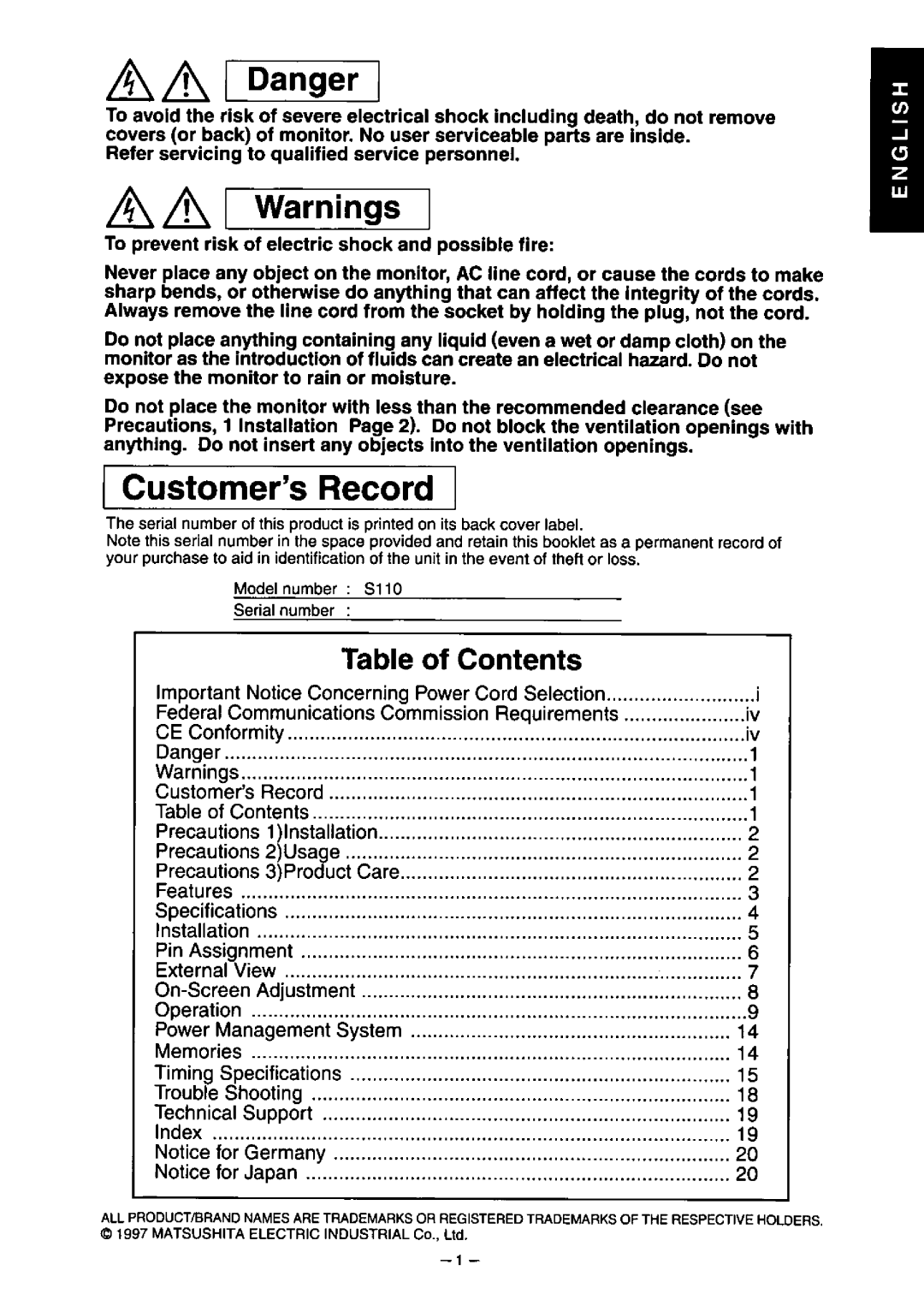 Panasonic S110 manual 