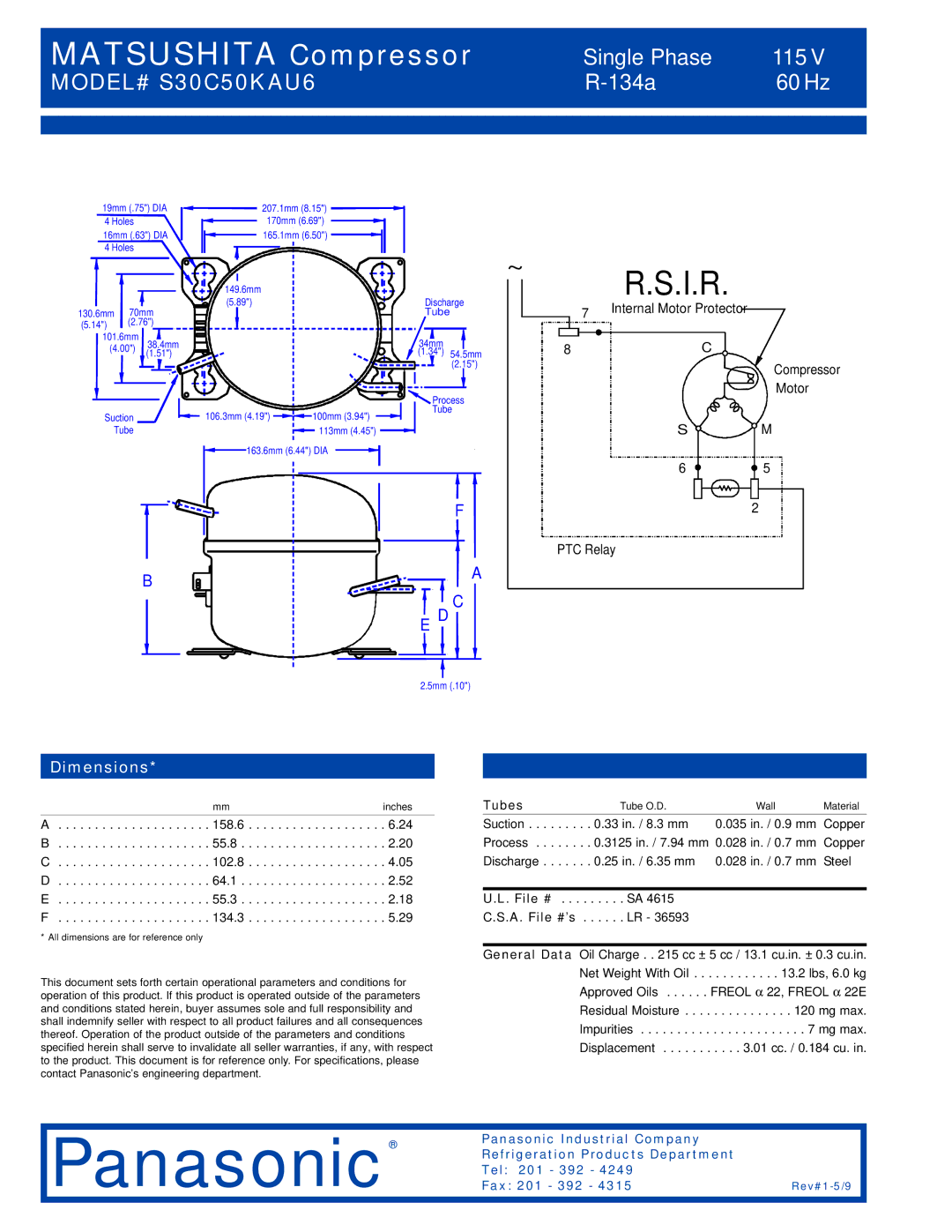 Panasonic S30C50KAU6 specifications Dimensions, Tubes, File # 