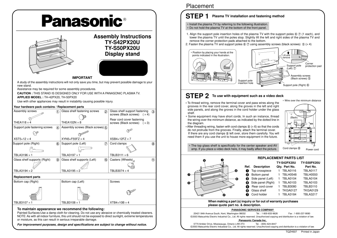 Panasonic specifications Placement, Assembly Instructions TY-S42PX20U, TY-S50PX20U Display stand, Replacement parts 