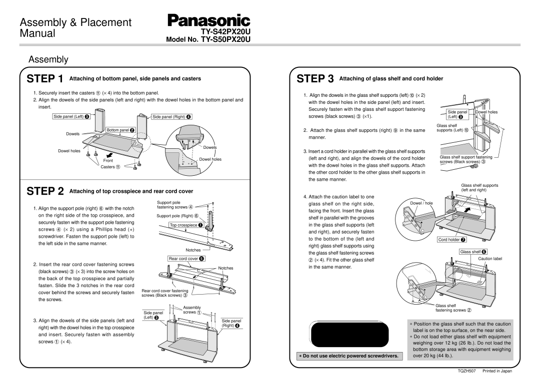 Panasonic specifications Assembly & Placement Manual, TY-S42PX20U Model No. TY-S50PX20U 
