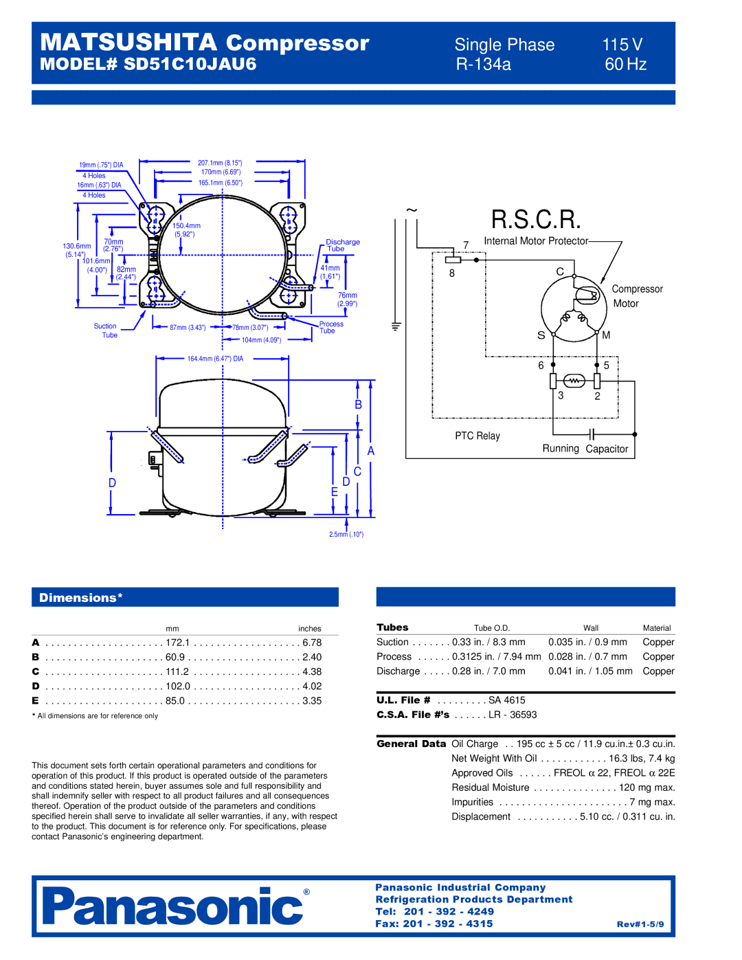 Panasonic S51C90JAU6 specifications Dimensions, Tubes, File # 