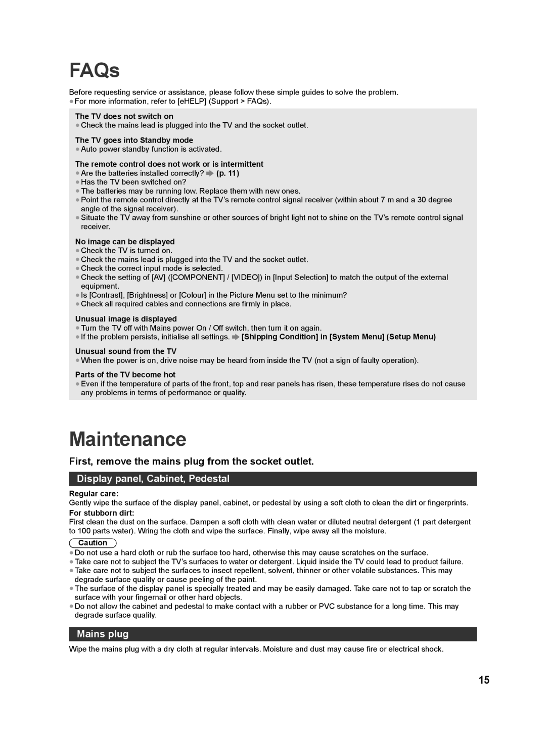 Panasonic S60P, S60M, S60D, S60G, S60T, S60K FAQs, Maintenance, Display panel, Cabinet, Pedestal, Mains plug 