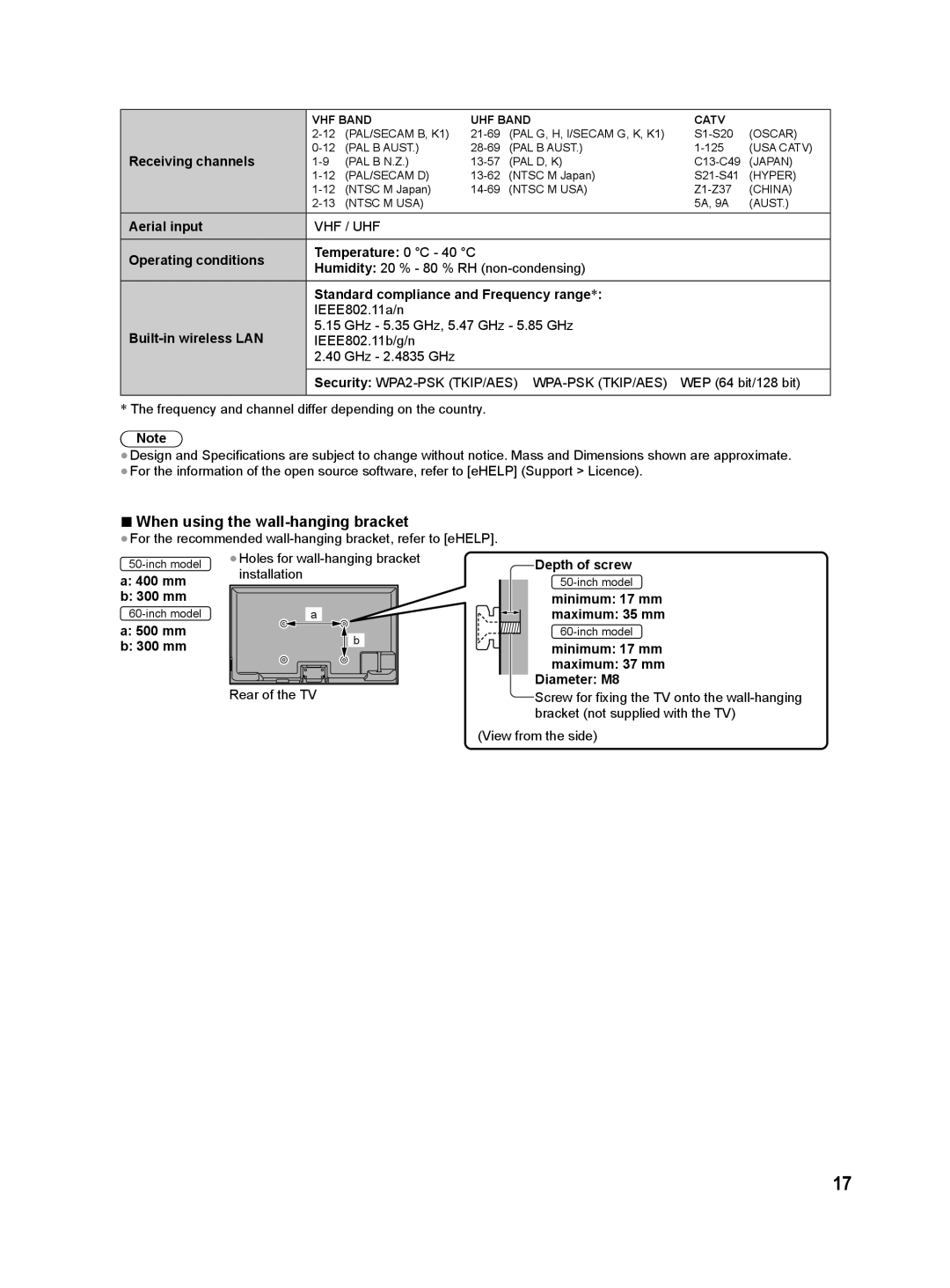 Panasonic S60K, S60M, S60D, S60G, S60P, S60T operating instructions When using the wall-hanging bracket 