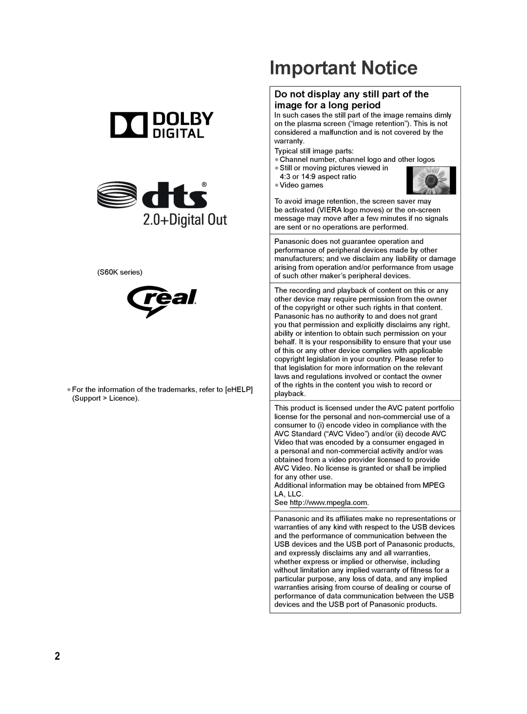 Panasonic S60G, S60M, S60D, S60P, S60T, S60K operating instructions Important Notice 