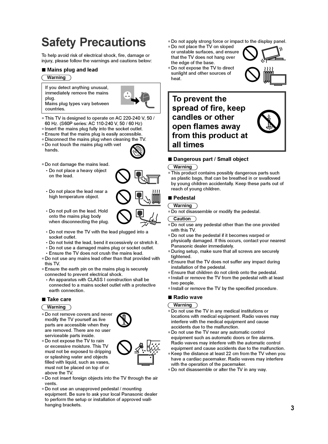 Panasonic S60P, S60M, S60D, S60G, S60T, S60K Safety Precautions, Mains plug and lead, Take care, Pedestal, Radio wave 