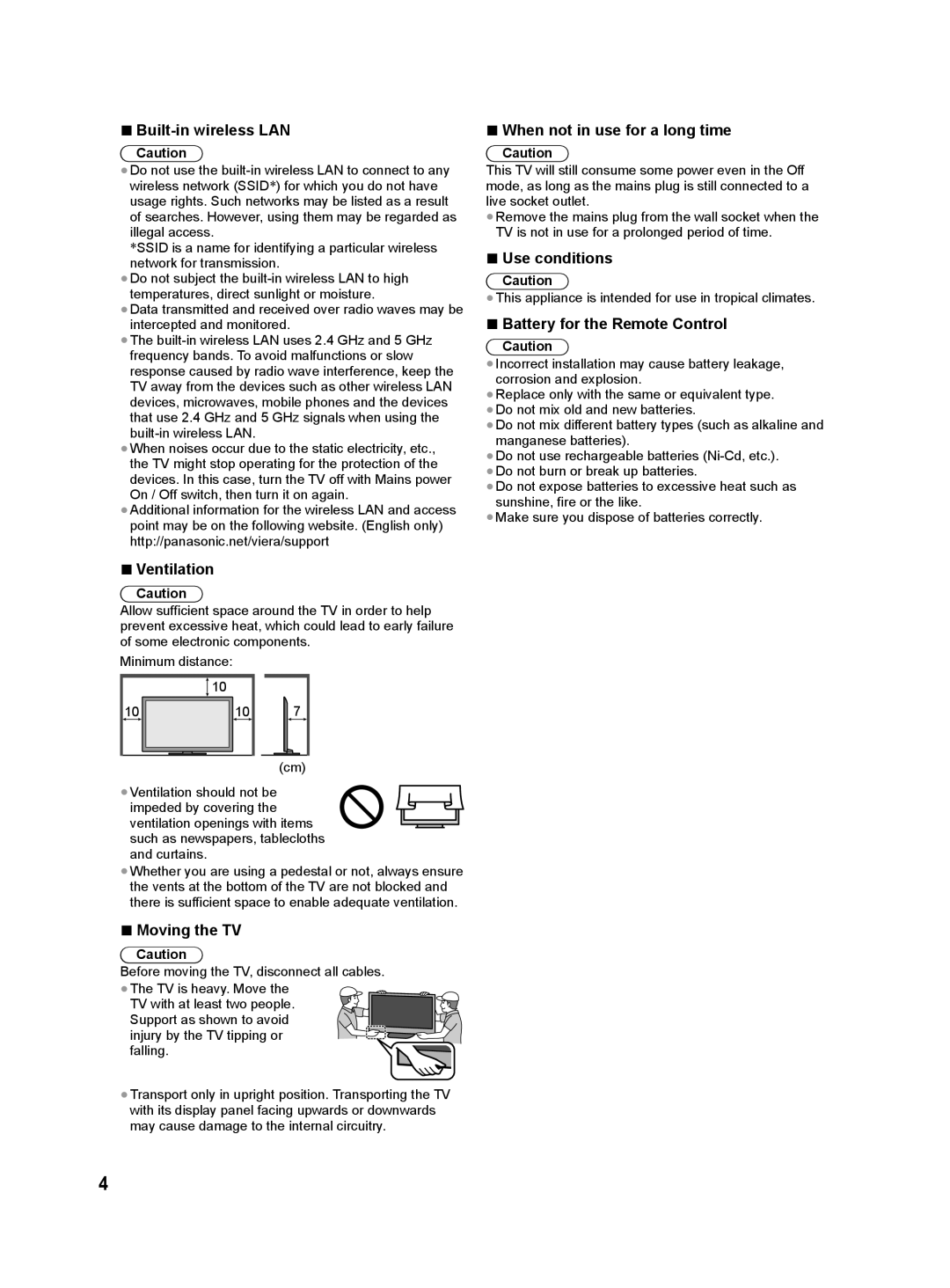 Panasonic S60T, S60M Built-in wireless LAN, Ventilation, Moving the TV, When not in use for a long time, Use conditions 