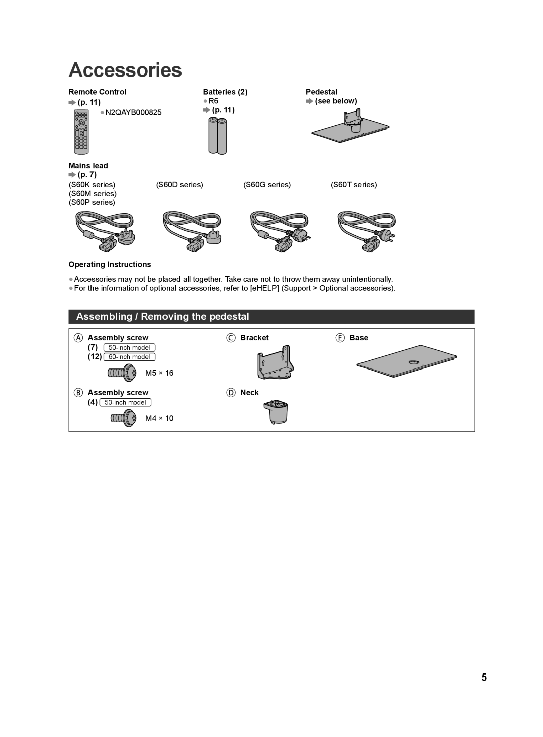 Panasonic S60K Accessories, Assembling / Removing the pedestal, Assembly screw Bracket Base, M5 × Assembly screw Neck 