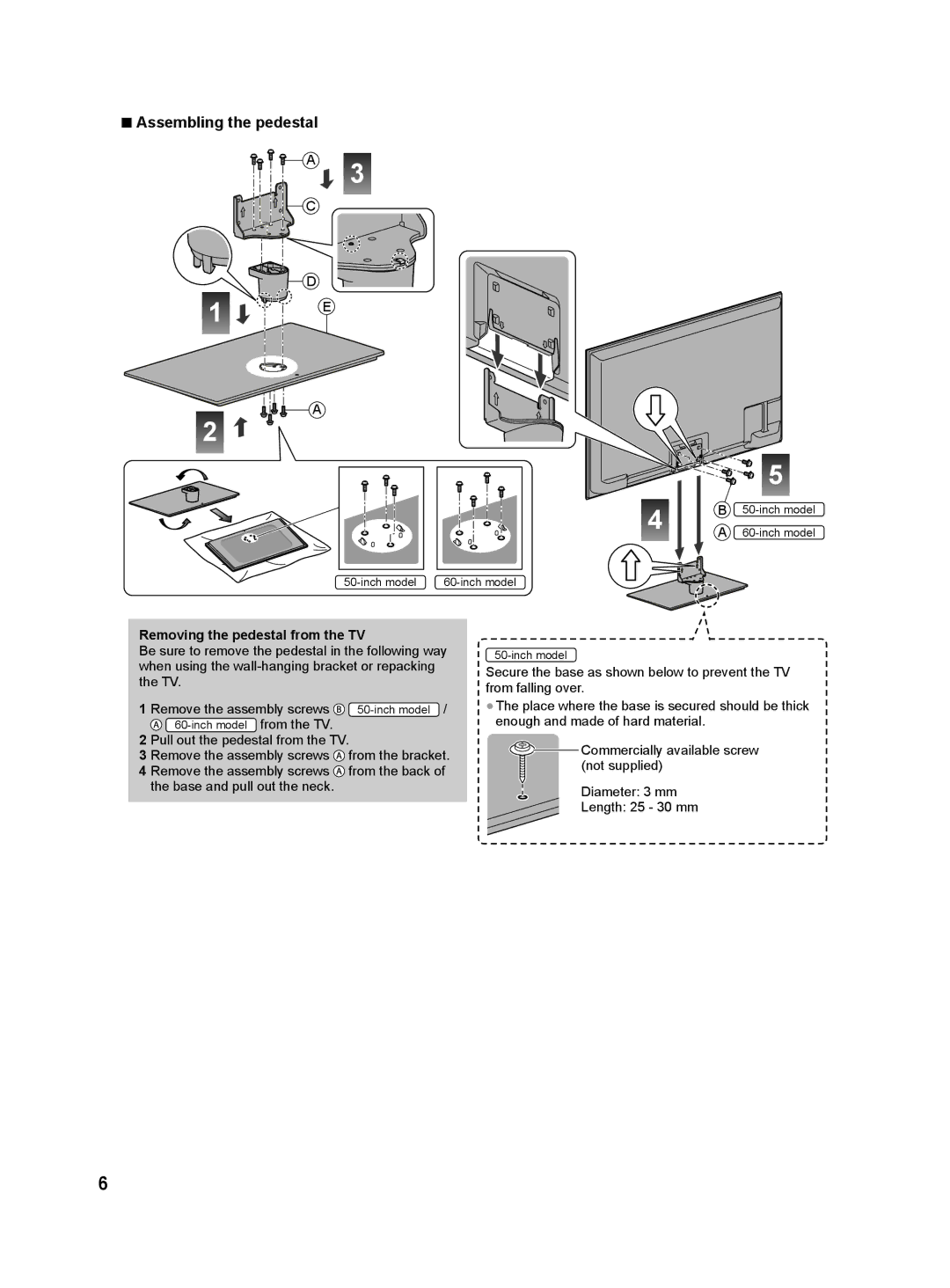 Panasonic S60M, S60D, S60G, S60P, S60T, S60K operating instructions Assembling the pedestal, Removing the pedestal from the TV 