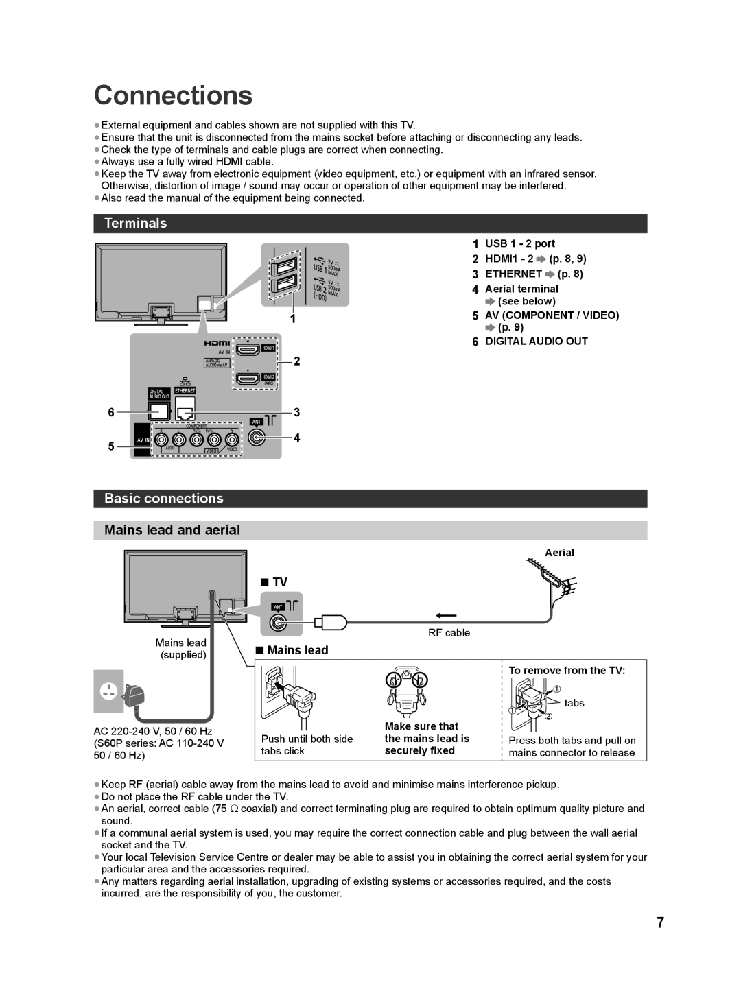 Panasonic S60D, S60M, S60G, S60P, S60T, S60K operating instructions Connections, Terminals, Basic connections, Mains lead 