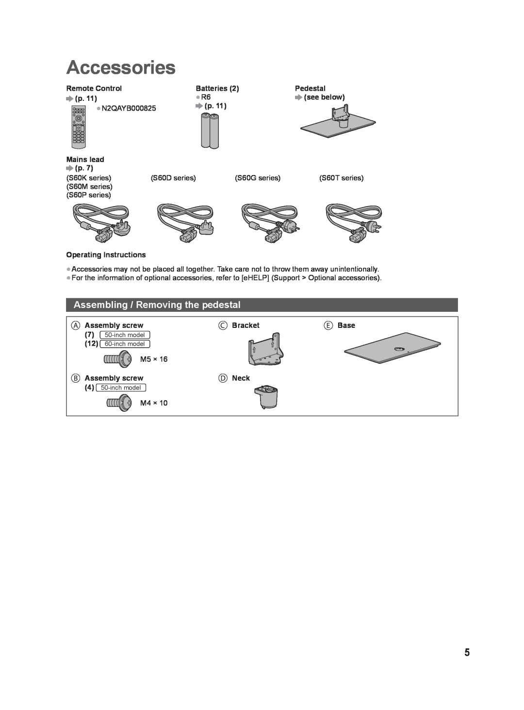Panasonic S60K, S60M, S60D, S60G, S60P, S60T operating instructions Accessories, Assembling / Removing the pedestal 