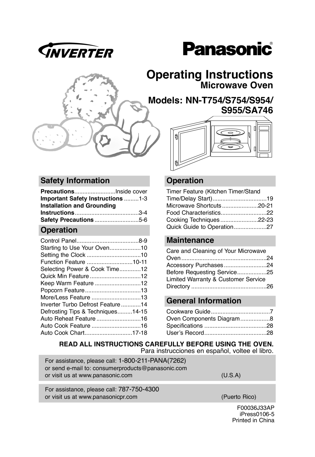 Panasonic S954, S754, S955 important safety instructions Operating Instructions, Safety Information, Operation, Maintenance 