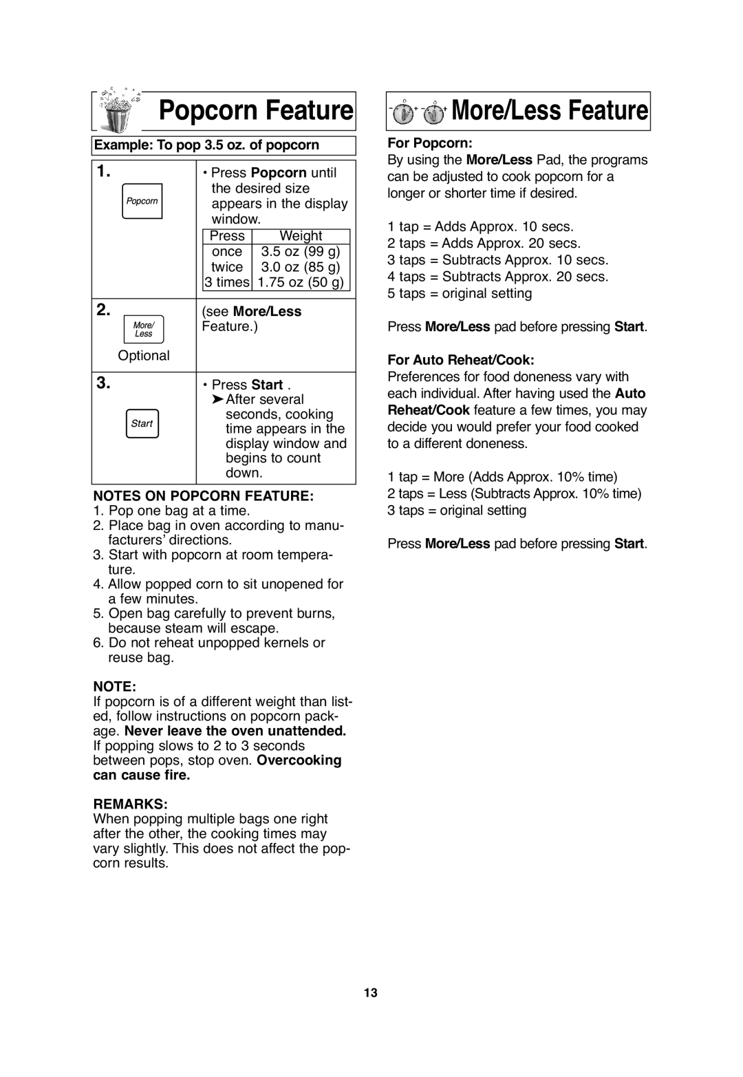 Panasonic SA746, S754, S954 Example To pop 3.5 oz. of popcorn, See More/Less, Remarks, For Popcorn, For Auto Reheat/Cook 