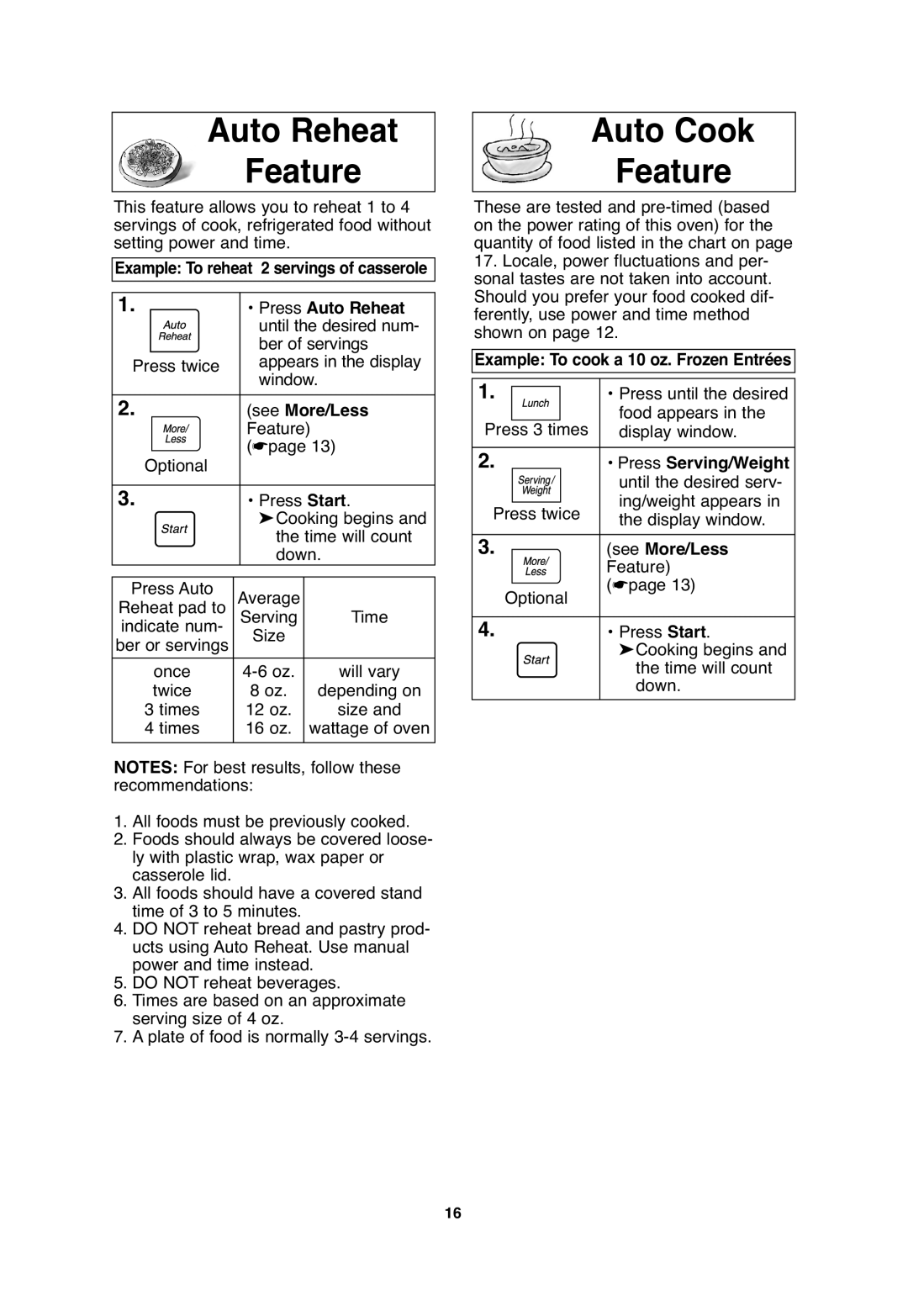 Panasonic S955, S754 Auto Reheat Feature, Auto Cook Feature, Example To reheat 2 servings of casserole Press Auto Reheat 