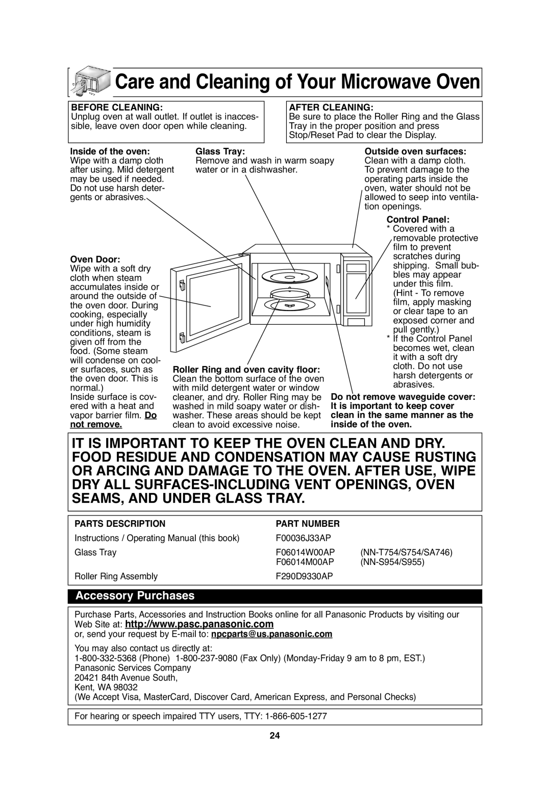 Panasonic S955, S754, S954, SA746 Inside of the oven Glass Tray Outside oven surfaces, Control Panel, Oven Door, Not remove 