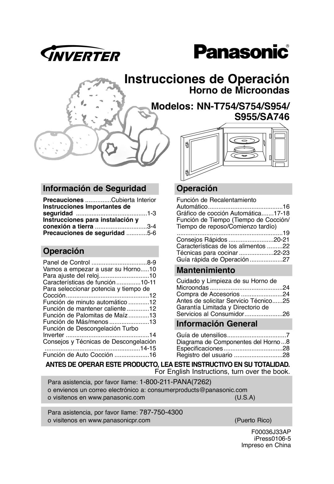 Panasonic SA746, S754 Instrucciones de Operación, Información de Seguridad Operación, Mantenimiento, Información General 