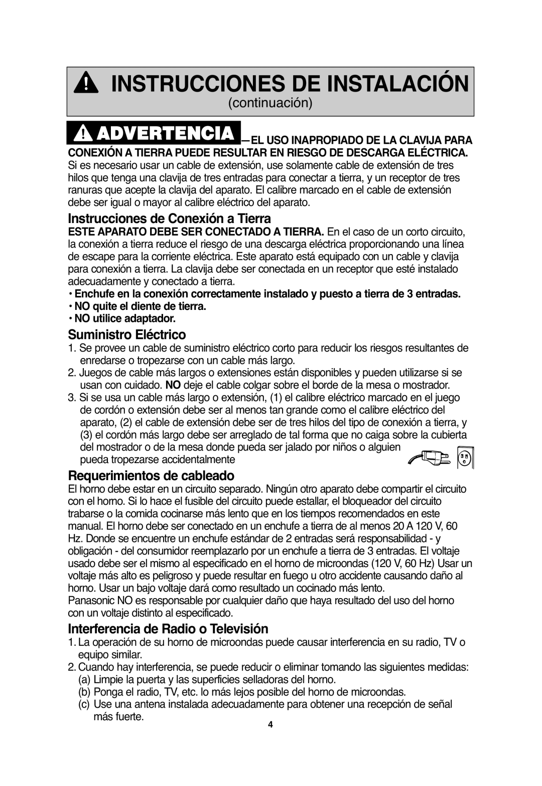 Panasonic S754, S954, S955, SA746 Instrucciones de Conexión a Tierra, Suministro Eléctrico, Requerimientos de cableado 