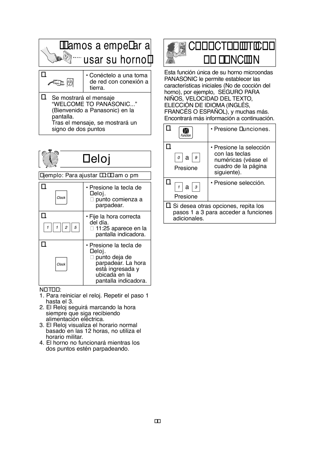 Panasonic S955, S754, S954, SA746 important safety instructions Reloj, Ejemplo Para ajustar 1125 am o pm, Notas 