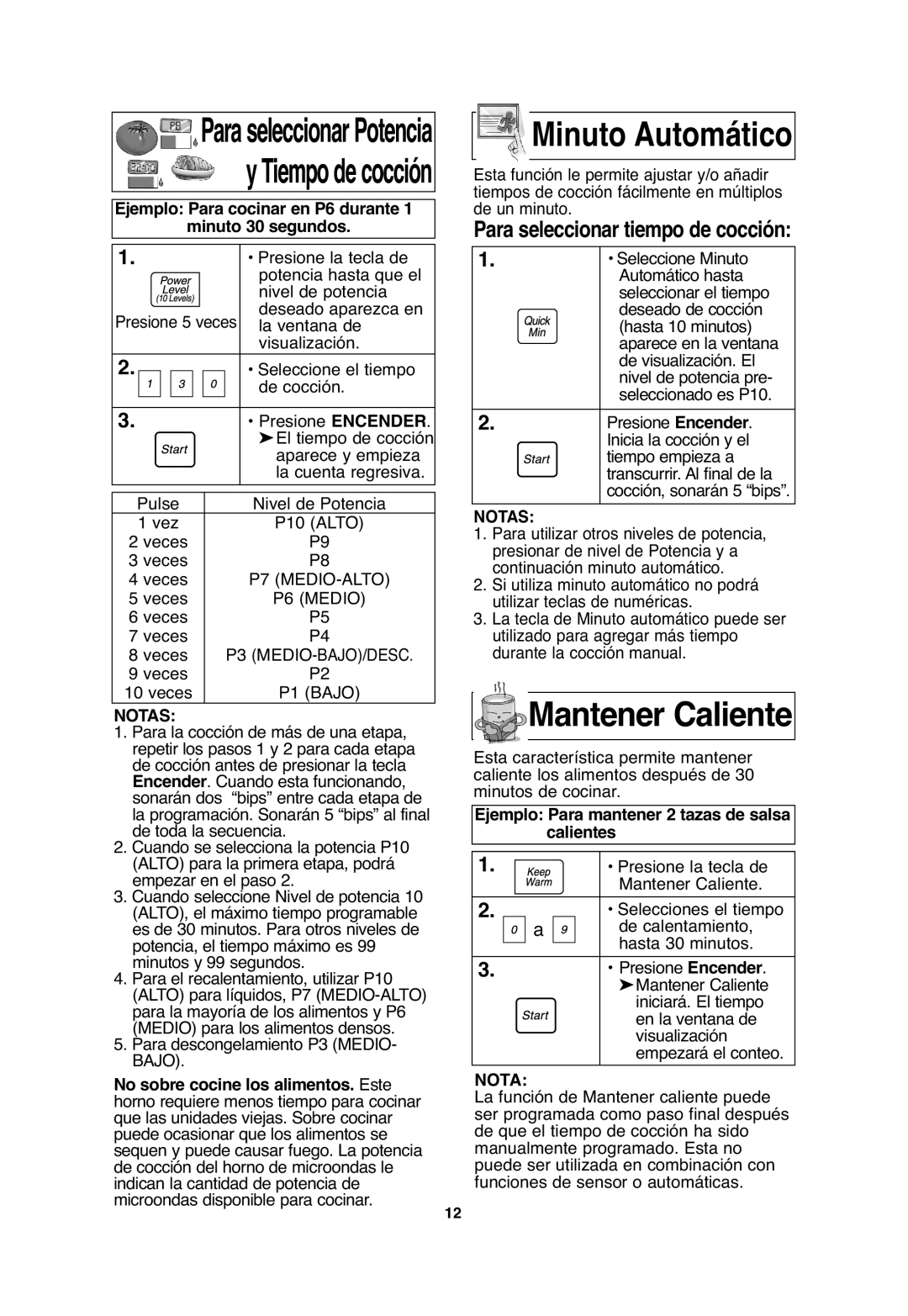 Panasonic S754, S954 Mantener Caliente, ParaseleccionarPotencia yTiempodecocción, Para seleccionar tiempo de cocción, Nota 