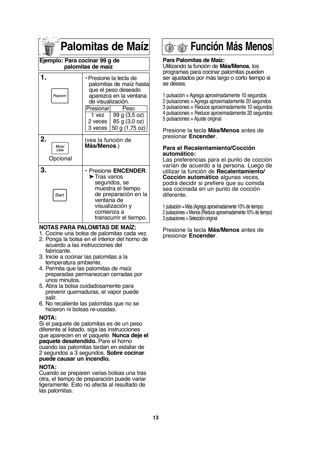 Panasonic S954, S754, S955, SA746 important safety instructions Palomitas de Maíz, Notas Para Palomitas DE Maíz 