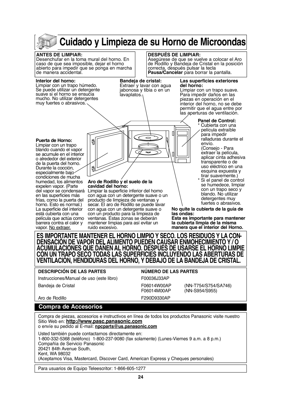 Panasonic S754 Interior del horno Bandeja de cristal, Puerta de Horno, Aro de Rodillo y el suelo de la, Cavidad del horno 