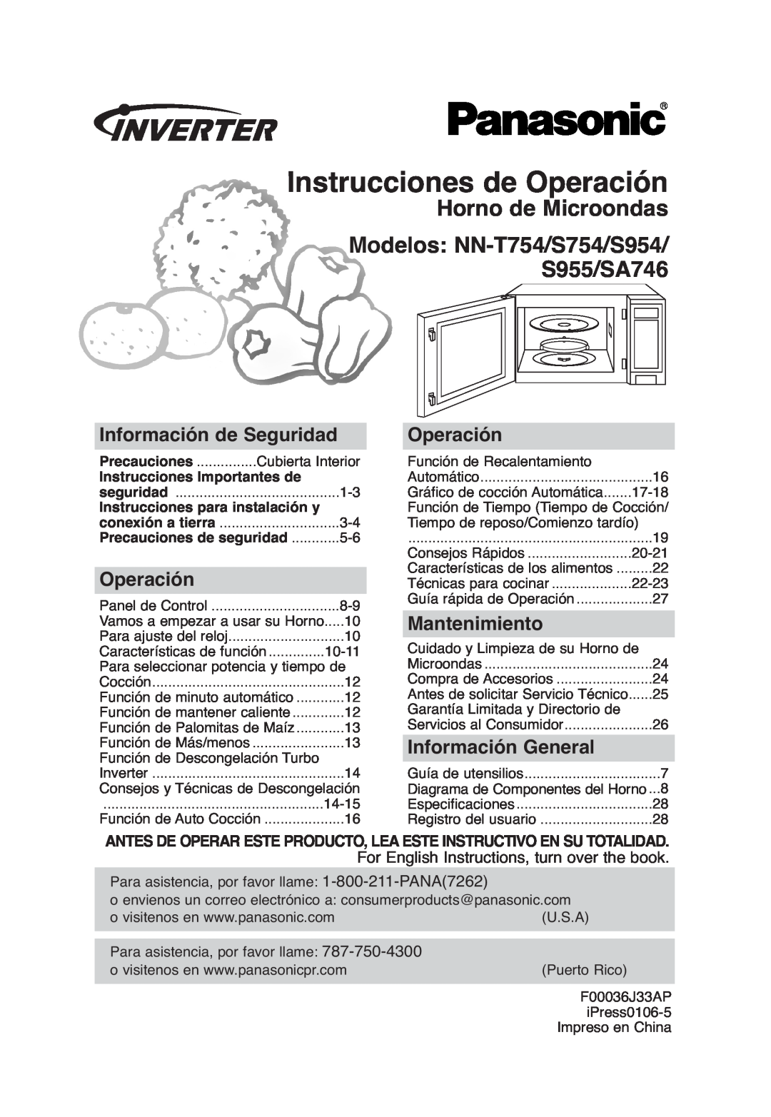 Panasonic Instrucciones de Operación, Horno de Microondas Modelos NN-T754/S754/S954, S955/SA746, Mantenimiento 