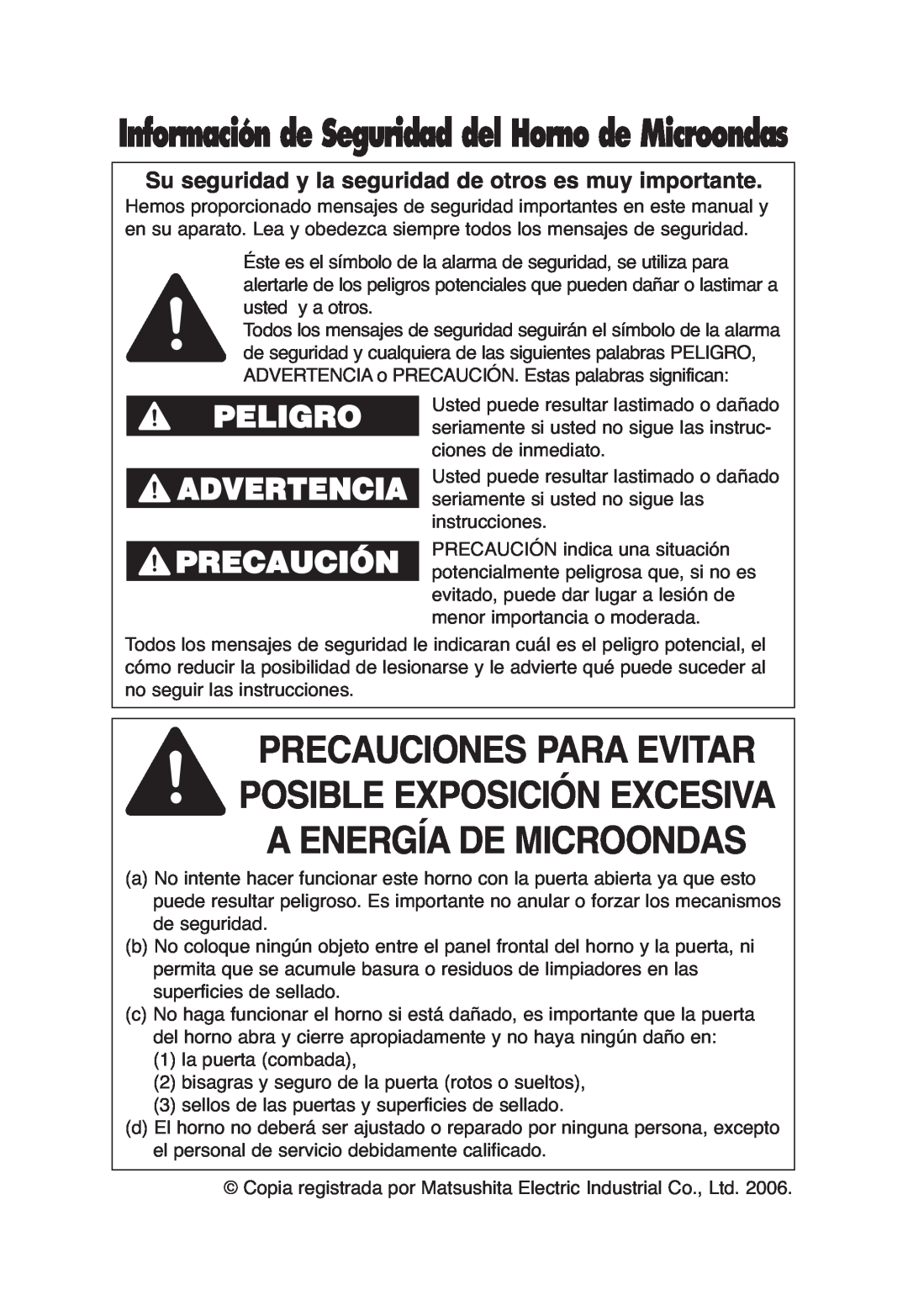 Panasonic S754, S954, S955, SA746 Peligro Advertencia, Información de Seguridad del Horno de Microondas 