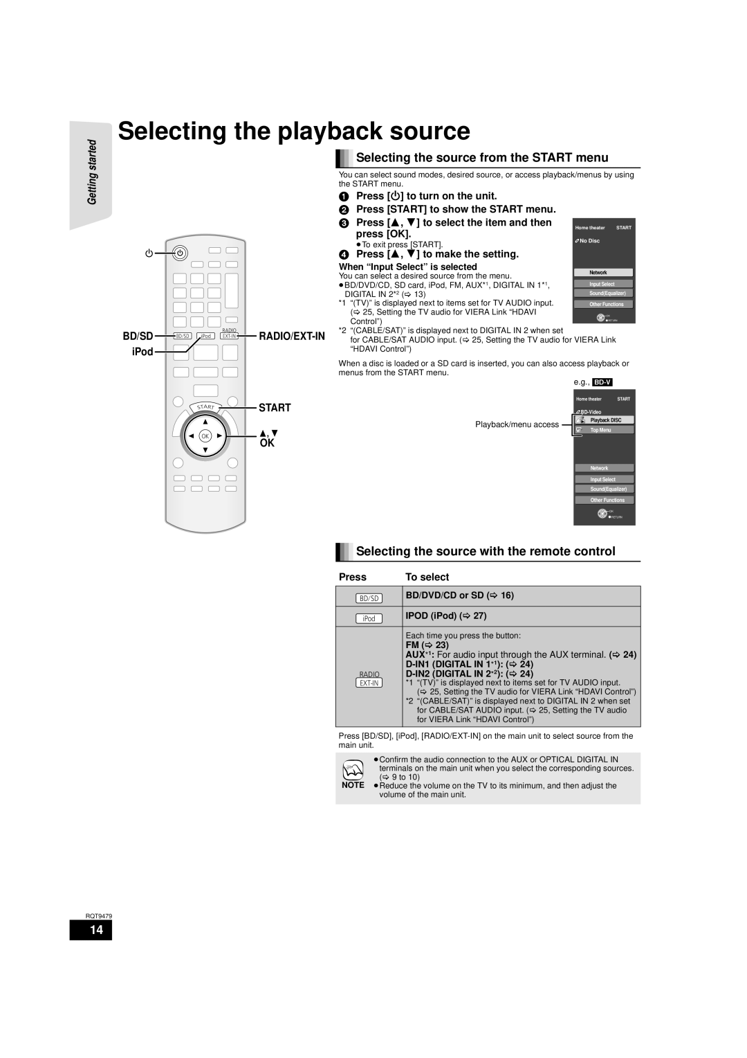 Panasonic SA-BTX70 Selecting the playback source, Selecting the source from the Start menu, Press 3, 4 to make the setting 