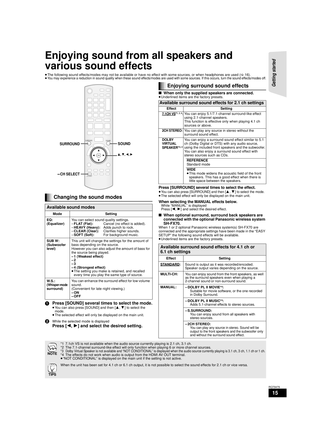 Panasonic SC-BTX70, SA-BTX70 warranty Enjoying sound from all speakers and various sound effects, Changing the sound modes 