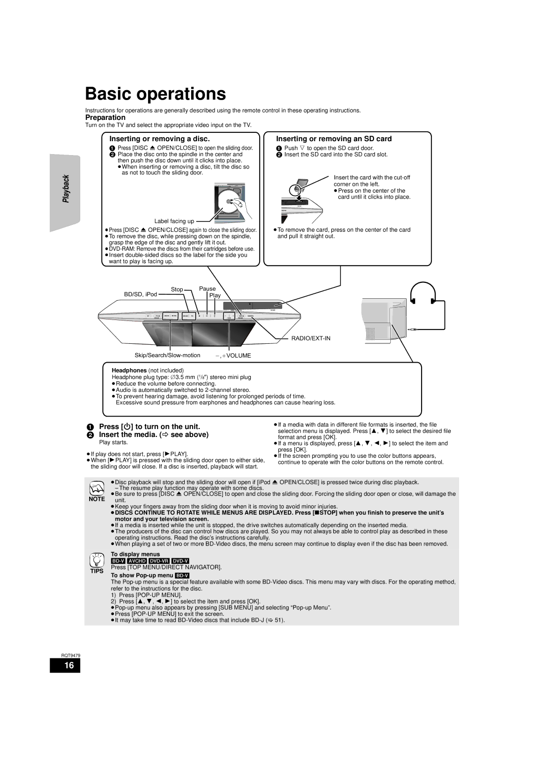 Panasonic SA-BTX70, SC-BTX70 Basic operations, Press Í to turn on the unit Insert the media. B see above, To display menus 